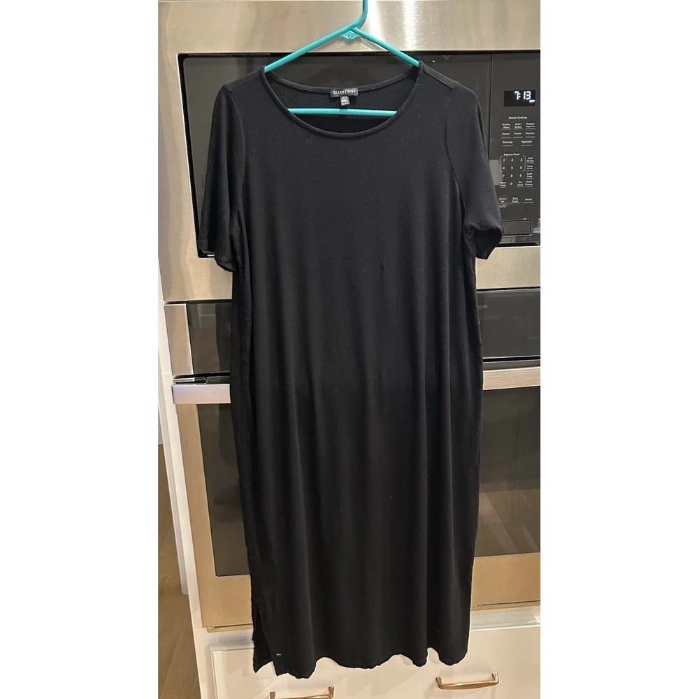 Eileen Fisher Short Sleeve Black Midi Dress PL Viscose Spandex Comfy Stretchy
